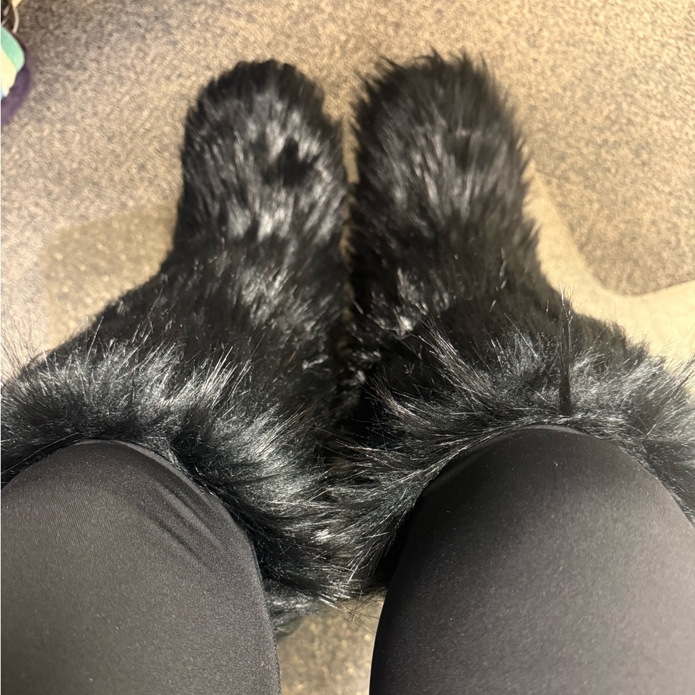 Black Faux Fur Knee-High Boots – Plush Winter Fashion Boots - Picture 3 of 6
